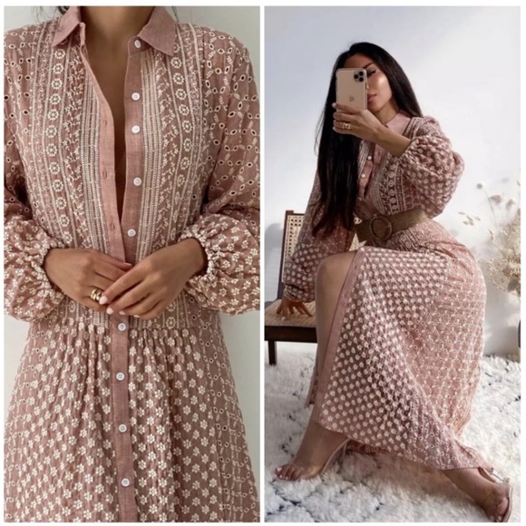 Zara Dresses & Skirts - Zara Malina Blush Pink Midi Dress Embroidered Lace Eyelet Button Down size Small